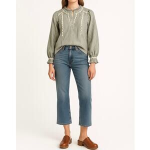 SAM EDELMAN Striped Ruffle Blouse | M | Blue White Cotton | Boho Cottagecore